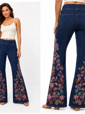 DRIFTWOOD Dark Blue Floral Embroidered Wide-Leg Jeans